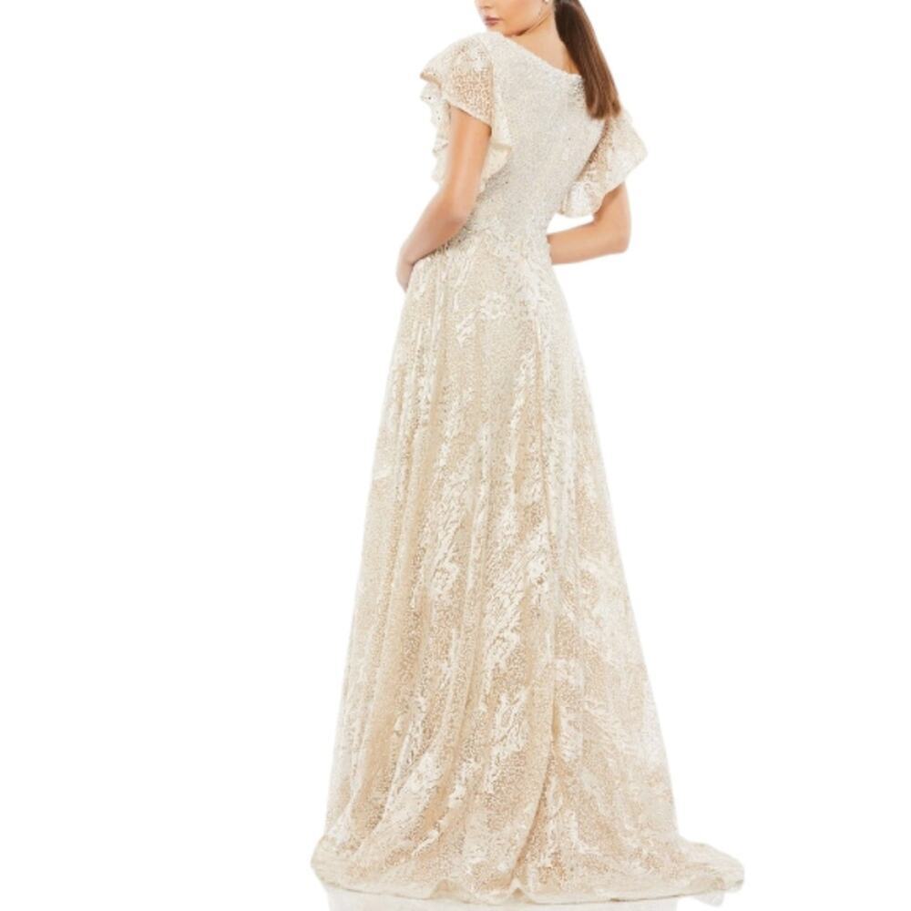 Mac Duggal Flutter Sleeve V-Neck Gown Ivory Nude Formal Maxi Beaded FLAWED - Picture 2 of 16